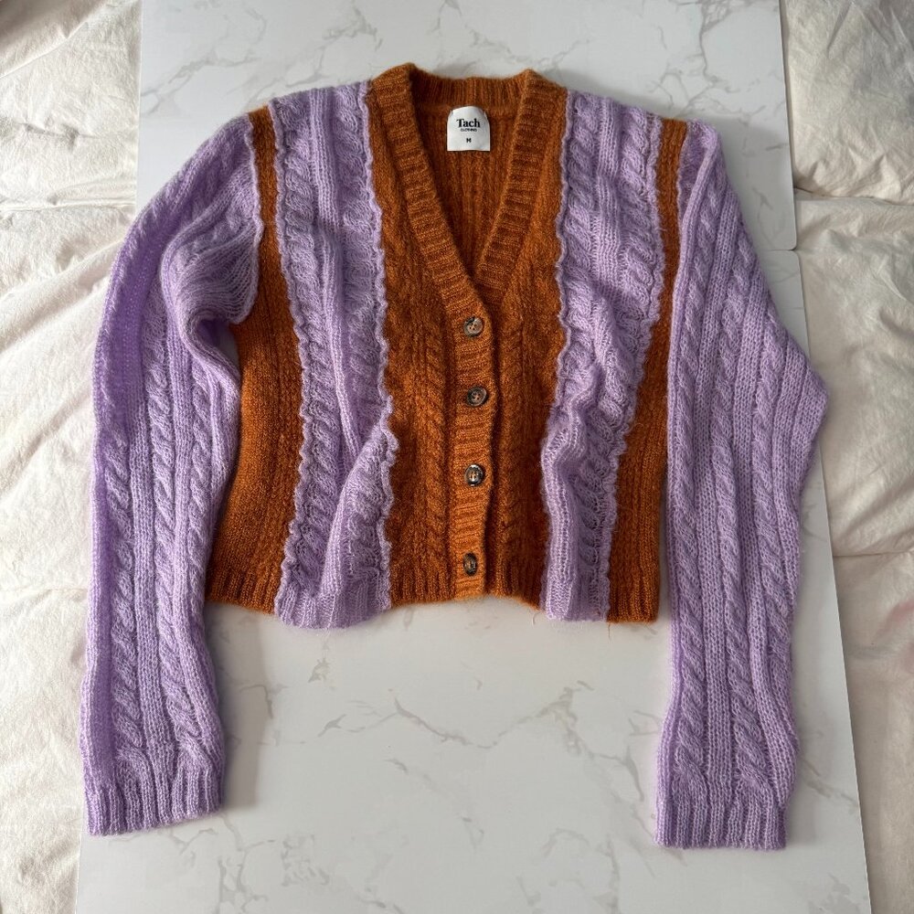 Tach Clothing Colorblock Lilac and Rust Cable Knit Cropped Cardigan Sweater - M